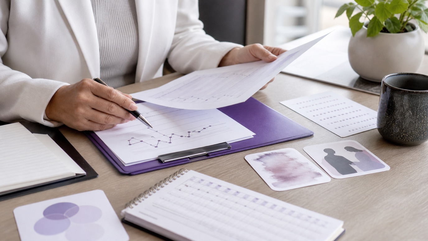 A clinician reviewing a low-desire workup with medication history, mood notes, sleep data, and cardiovascular risk before PT-141.