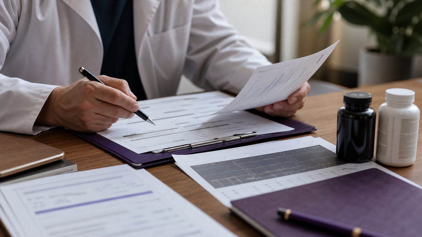 Clinician reviewing non-readable supplement, medication, wearable sleep, and lab patterns for a San Francisco biohacking diagnostic psychiatry evaluation.