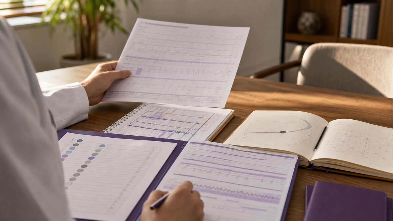 Clinician reviewing sleep, workload, medication, stimulant, caffeine, supplement, and lab patterns for a founder burnout and ADHD differential.