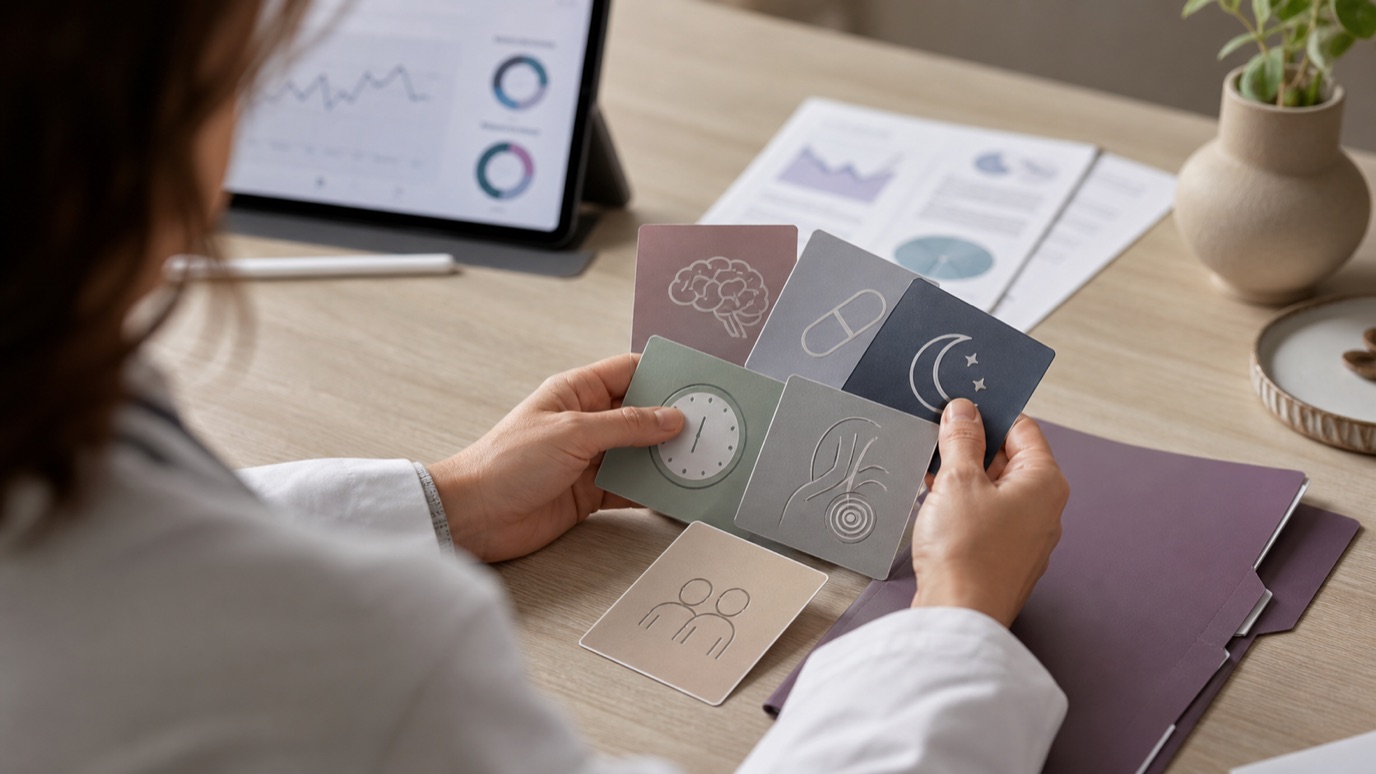 A clinician reviewing mood, medication, sleep, hormone, and pain notes during a low-libido workup.