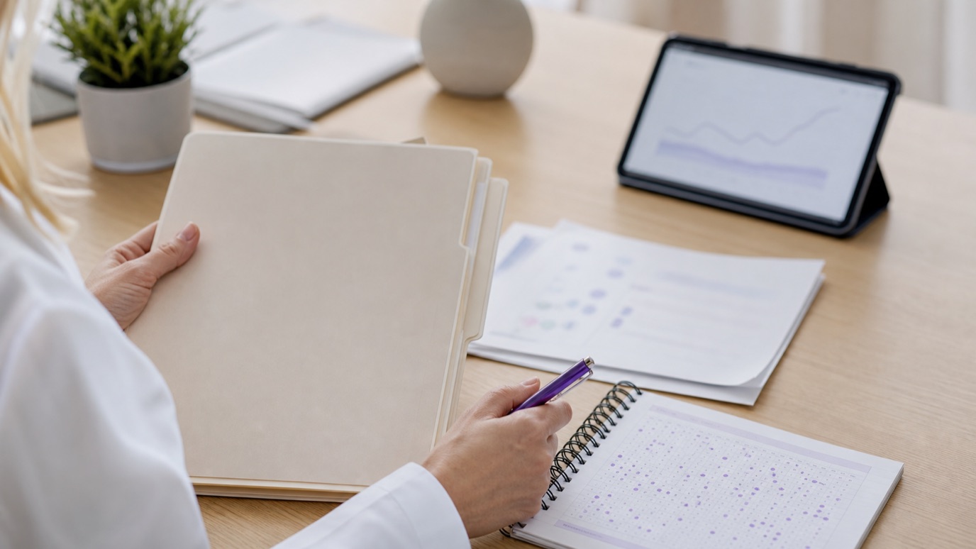A clinician reviewing an adult ADHD history, sleep disruption notes, lab results, and menopause symptom timeline.