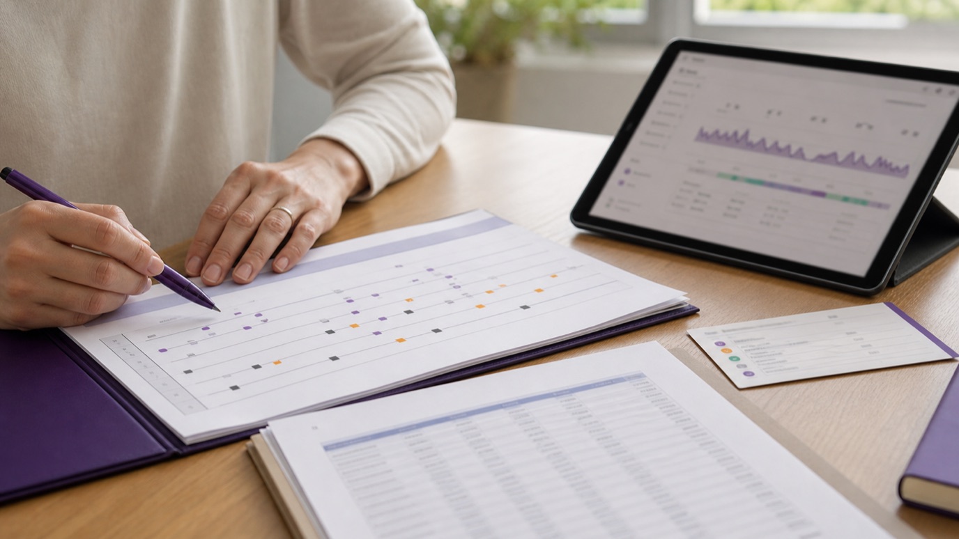 Clinician reviewing a symptom timeline, sleep graph, and lab pages for a perimenopause anxiety workup.