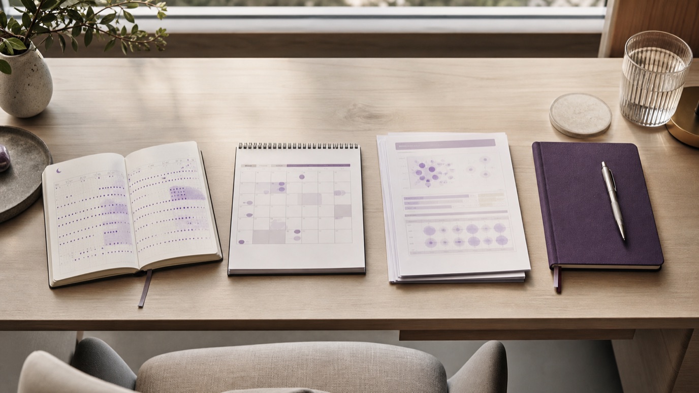 Sleep notes, cycle tracking, lab pages, and treatment planning arranged as a diagnostic pathway for perimenopause anxiety.