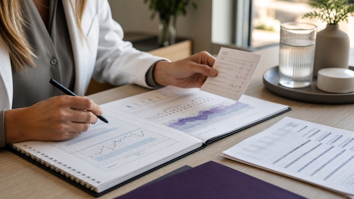 A clinician reviewing a perimenopause mood timeline, sleep notes, and medication history during a crisis-risk workup.