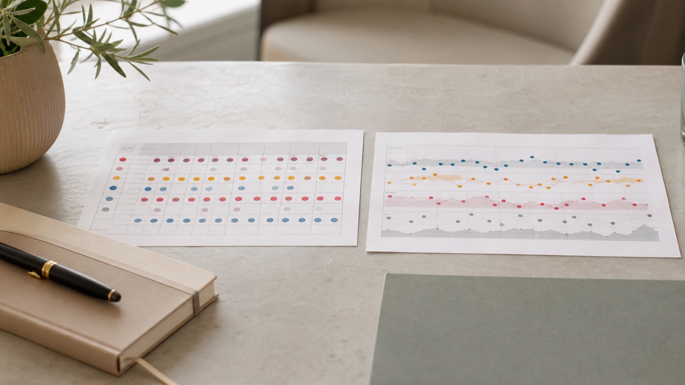 A text-free visual pathway showing daily mood tracking, cycle timing, sleep pattern, safety review, and diagnosis planning.