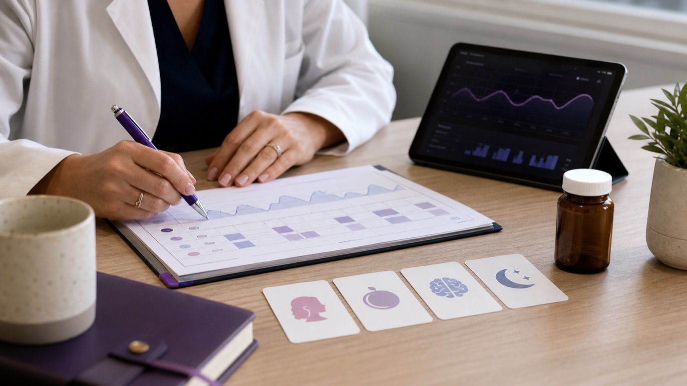 A clinician reviewing a Prozac side-effect timeline with sleep, libido, appetite, and anxiety notes.