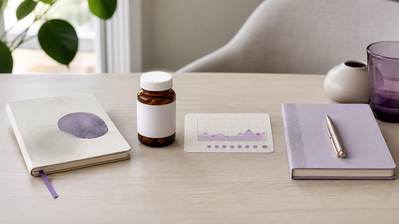 A text-free medication review pathway showing mood benefit, side effects, sleep, labs, and treatment options.