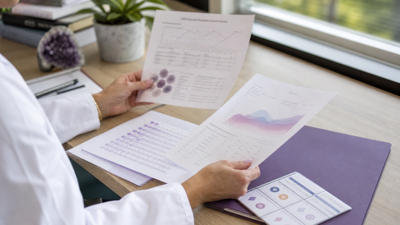 A clinician reviewing hormone labs, mood notes, sleep history, and medication history before considering testosterone therapy.