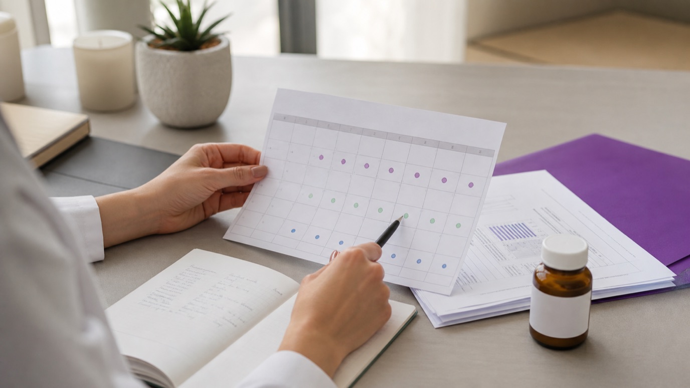 A clinician reviewing hormone timing, sleep notes, mood changes, and medication history after a progesterone change.