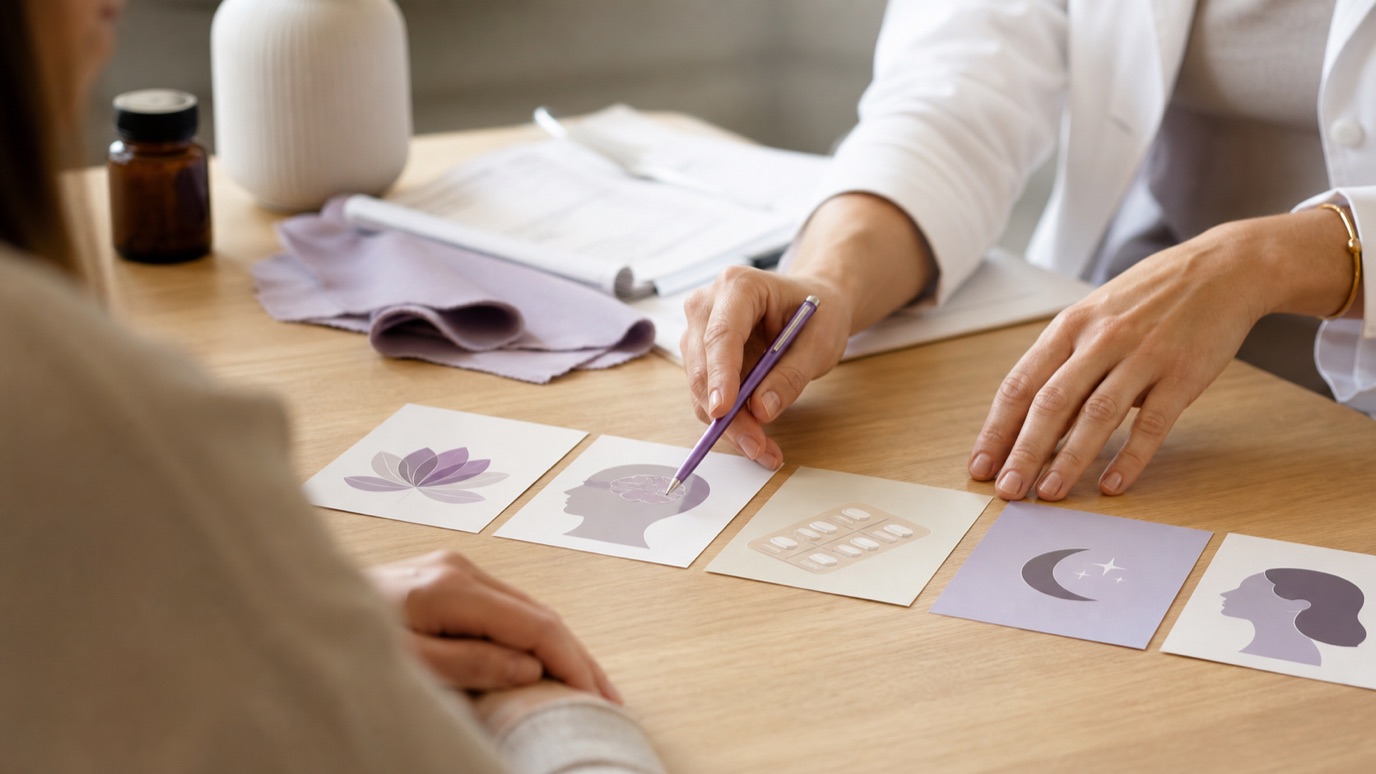 A clinician reviewing vaginal dryness symptoms, mood history, medication list, and pain-avoidance notes.