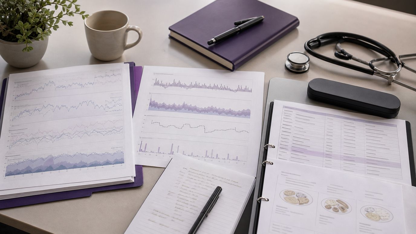 Clinician reviewing abstract wearable trend printouts, sleep notes, medication list, and nutrition notes with no readable text on consultation desk.