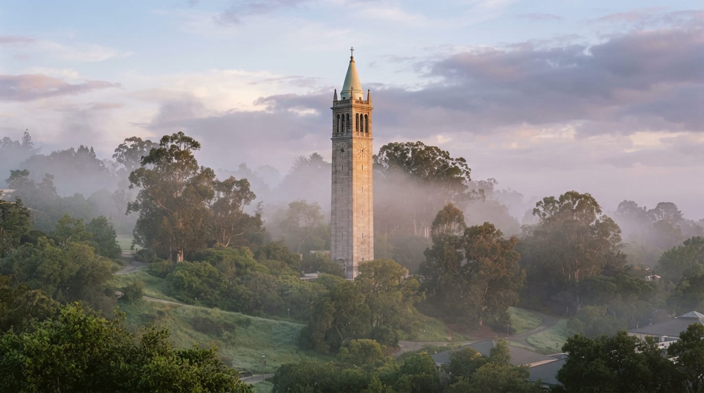 A tall slender campus bell tower rising through eucalyptus and morning fog at dawn, evoking Berkeley