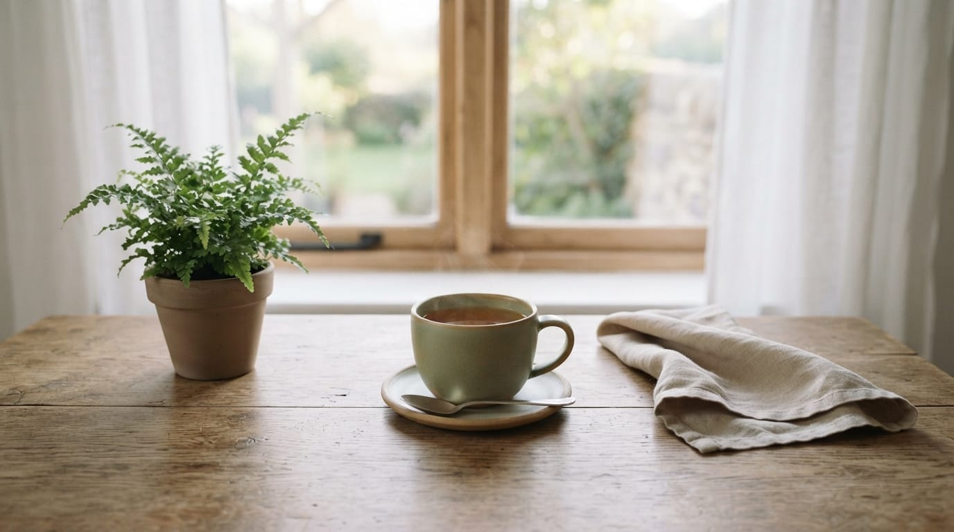 Calm morning light on a simple table with tea and a plant, evoking relief and clinical clarity