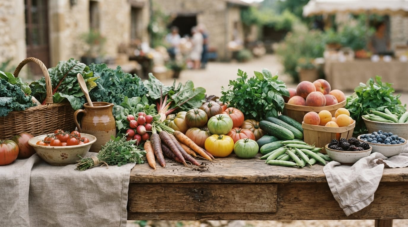 An abundant farmers-market still life of heirloom vegetables in soft light, evoking Berkeley’s farm-to-table culture
