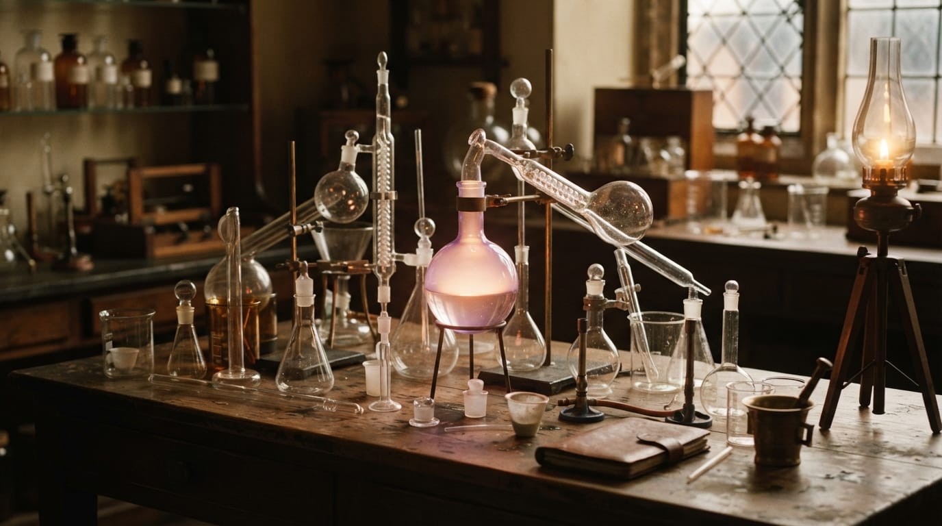 Vintage laboratory glassware glowing with warm light, evoking Berkeley’s legacy of scientific discovery