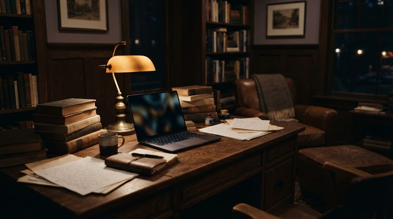 A craftsman-home study at night with stacked books and a laptop’s glow, evoking late-night self-scrutiny