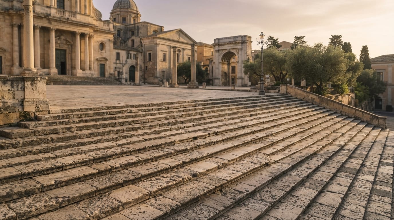 Worn grand stone plaza steps empty at golden hour, evoking Berkeley’s history of gathering and questioning authority