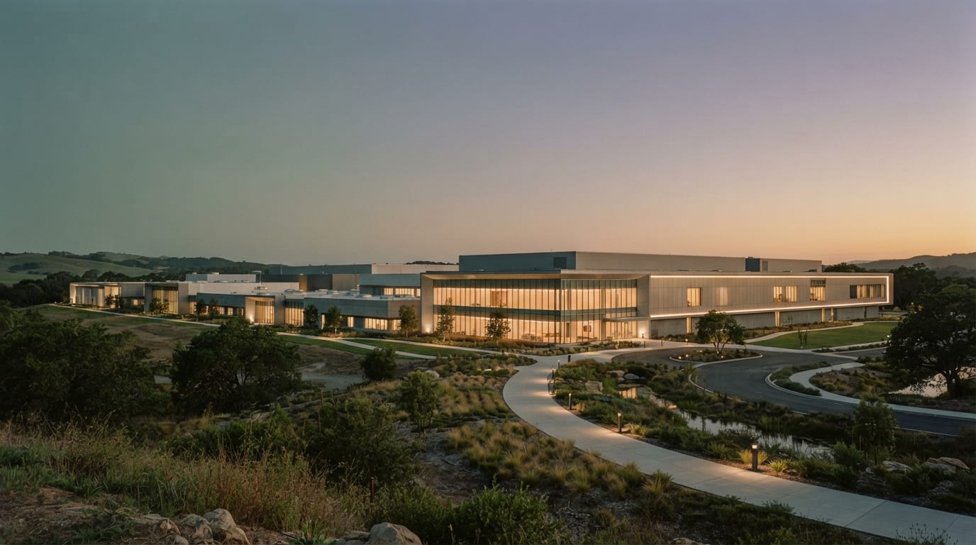 A vast clean high-tech manufacturing facility exterior at dusk, precise and glowing, evoking Chandler’s semiconductor economy