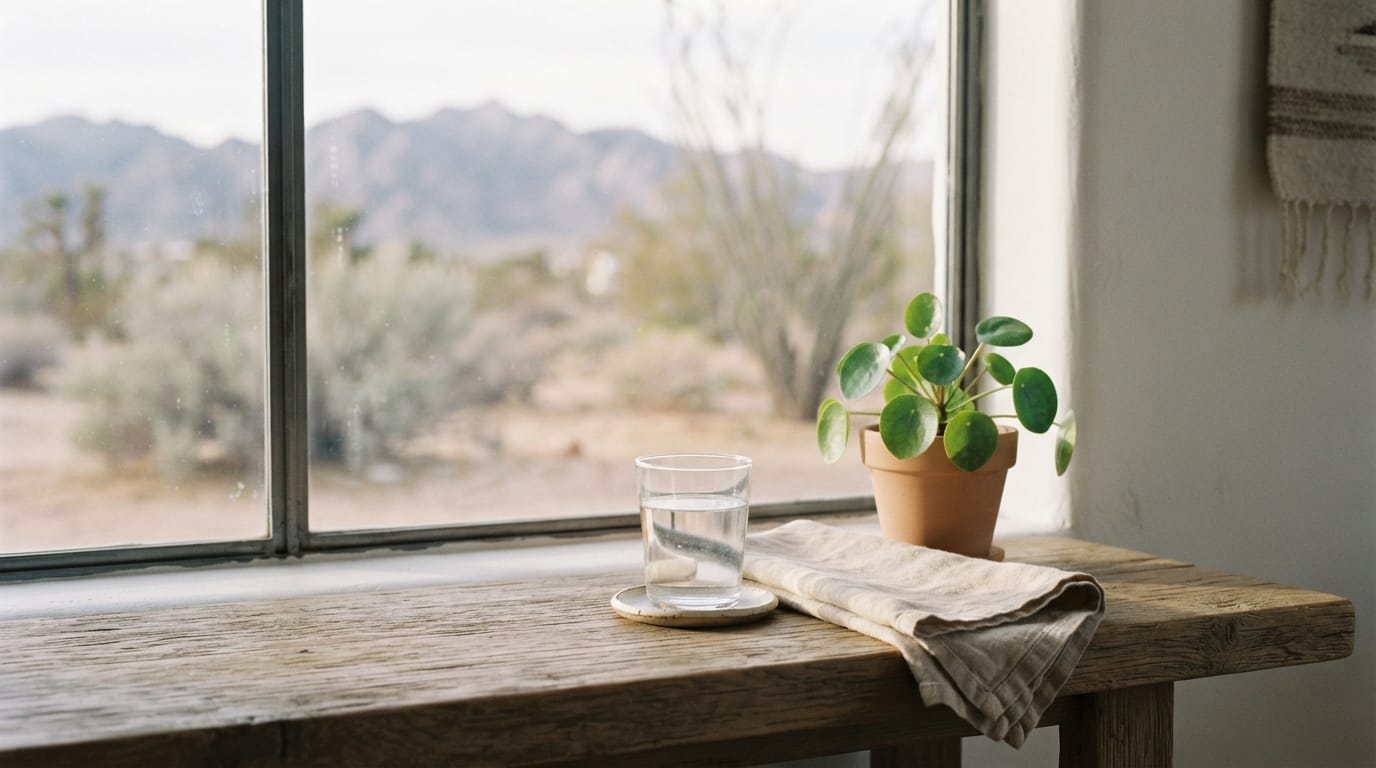 Calm morning light on a simple table with a glass of water, evoking relief and clinical clarity in Chandler