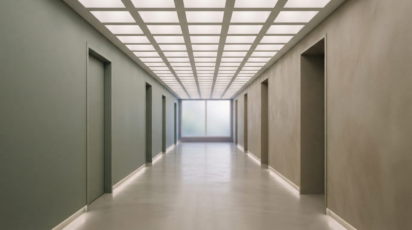 A precise grid of soft clean-room lighting, exacting and impersonal, evoking Chandler