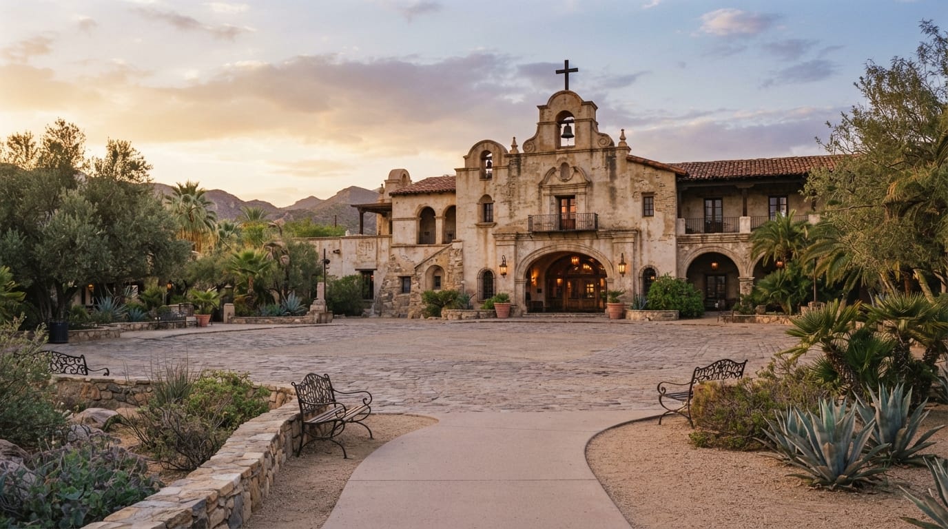 A historic desert town square with a grand old mission-style hotel facade at golden hour, evoking Chandler