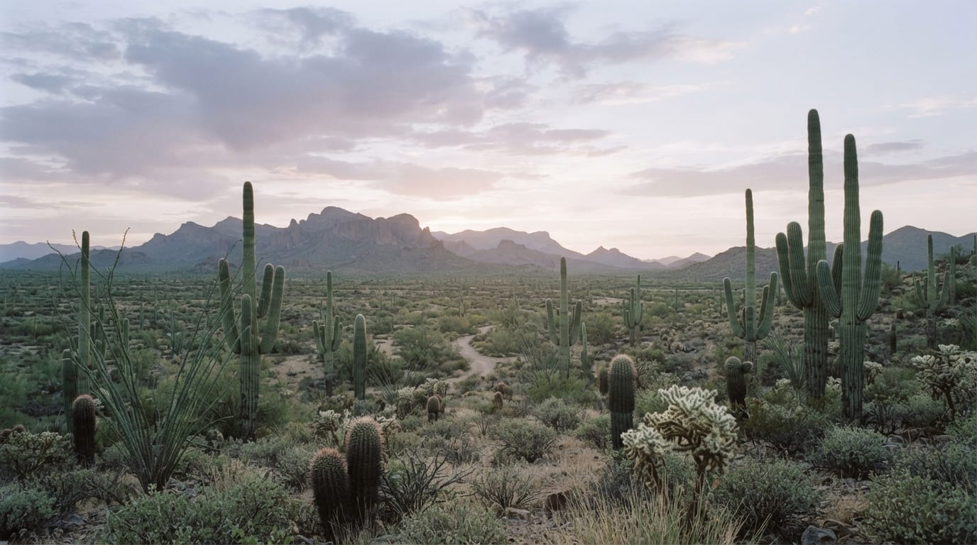 Sonoran desert at dawn with distant mountains and tall saguaros, evoking Chandler