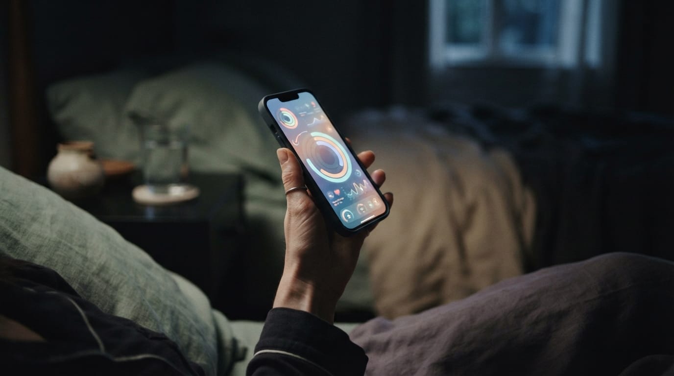 A hand holding a phone glowing with abstract health-dashboard rings in the dark, evoking the biomarker-tracking loop in Chandler