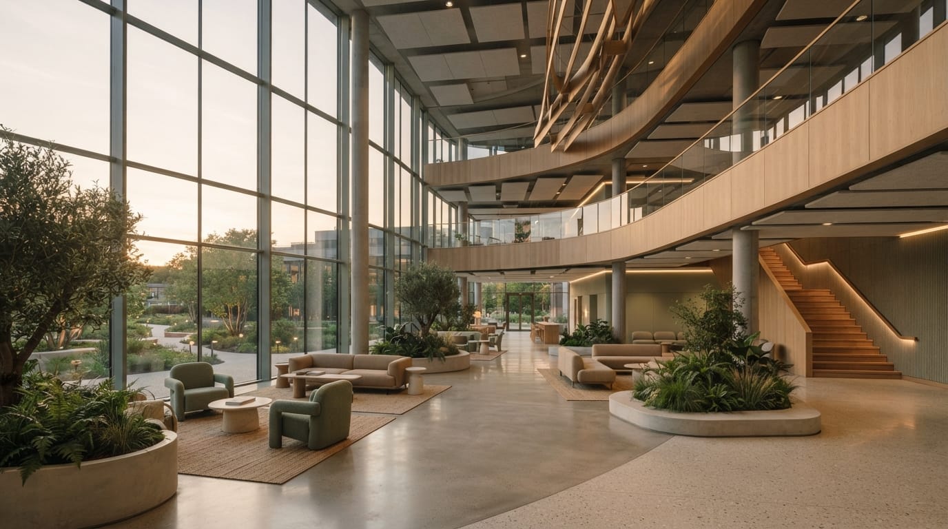 A sleek modern media-tech office atrium, empty, warm light, evoking Culver City’s creative economy
