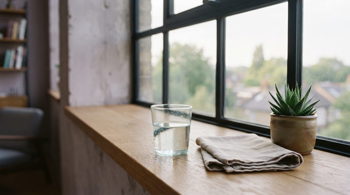 Calm morning light on a simple table with a glass of water, evoking relief and clinical clarity in Culver City