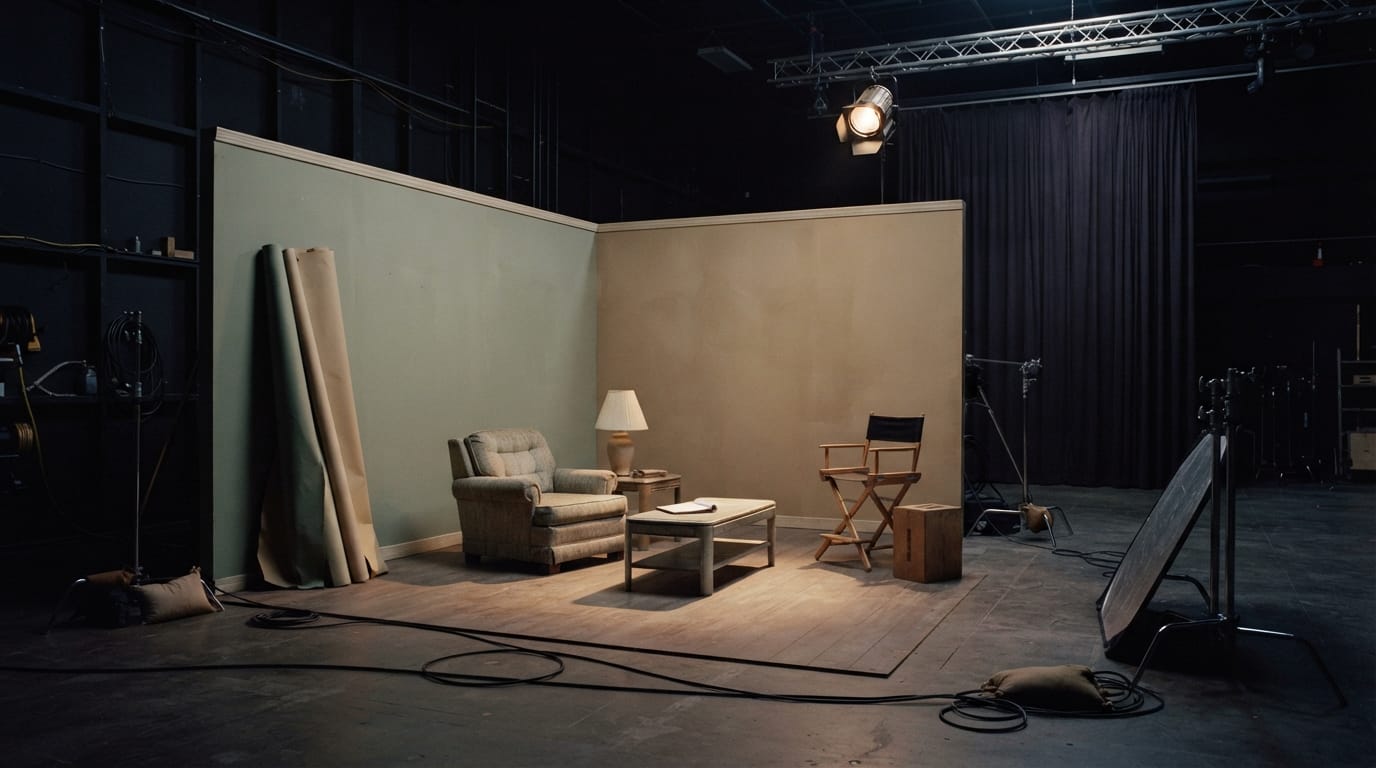 An empty film set lit by a single spotlight, manufactured dreams gone quiet, evoking Culver City