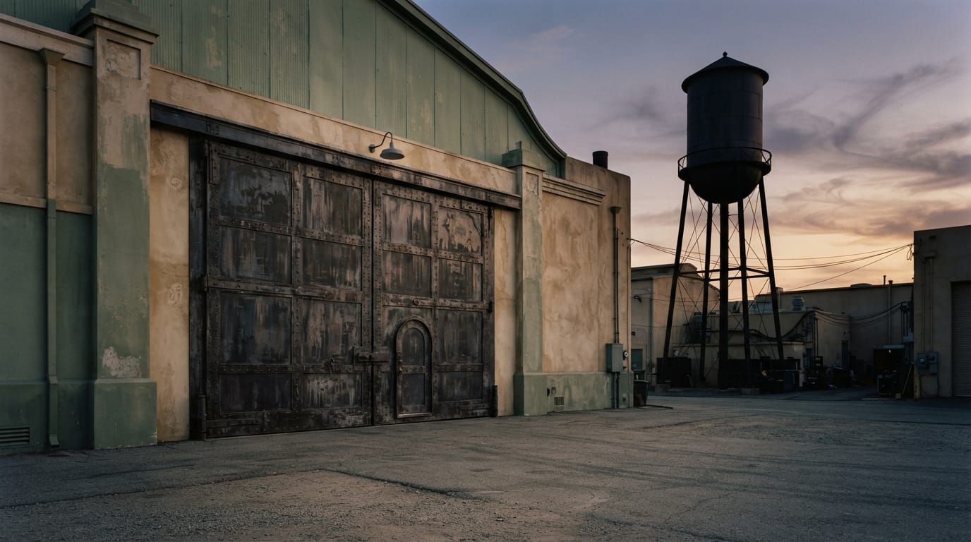 Grand vintage sound-stage doors and a studio water-tower silhouette at dusk, evoking Culver City’s film history