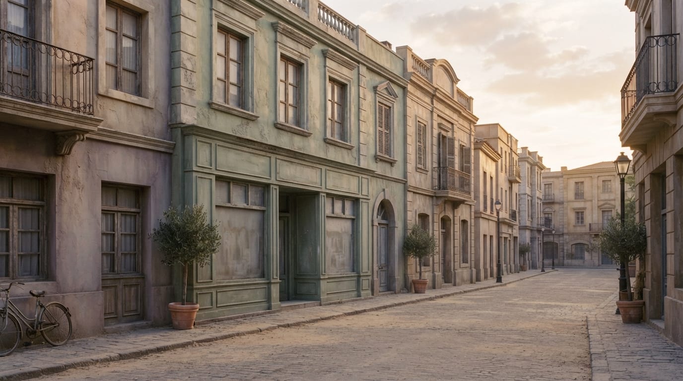 A historic film-studio backlot street facade at golden hour, evoking Culver City