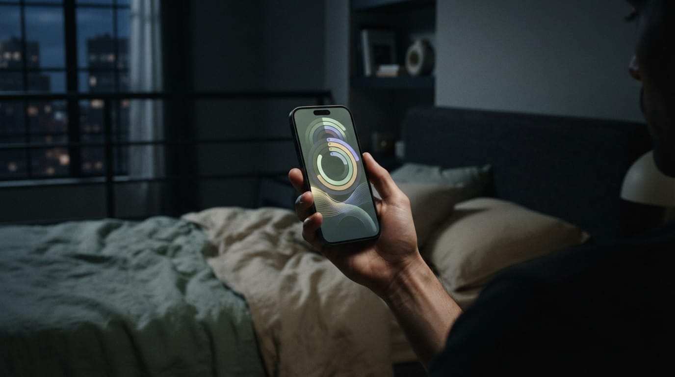 A hand holding a phone glowing with abstract health-dashboard rings in the dark, evoking the biomarker-tracking loop in Culver City