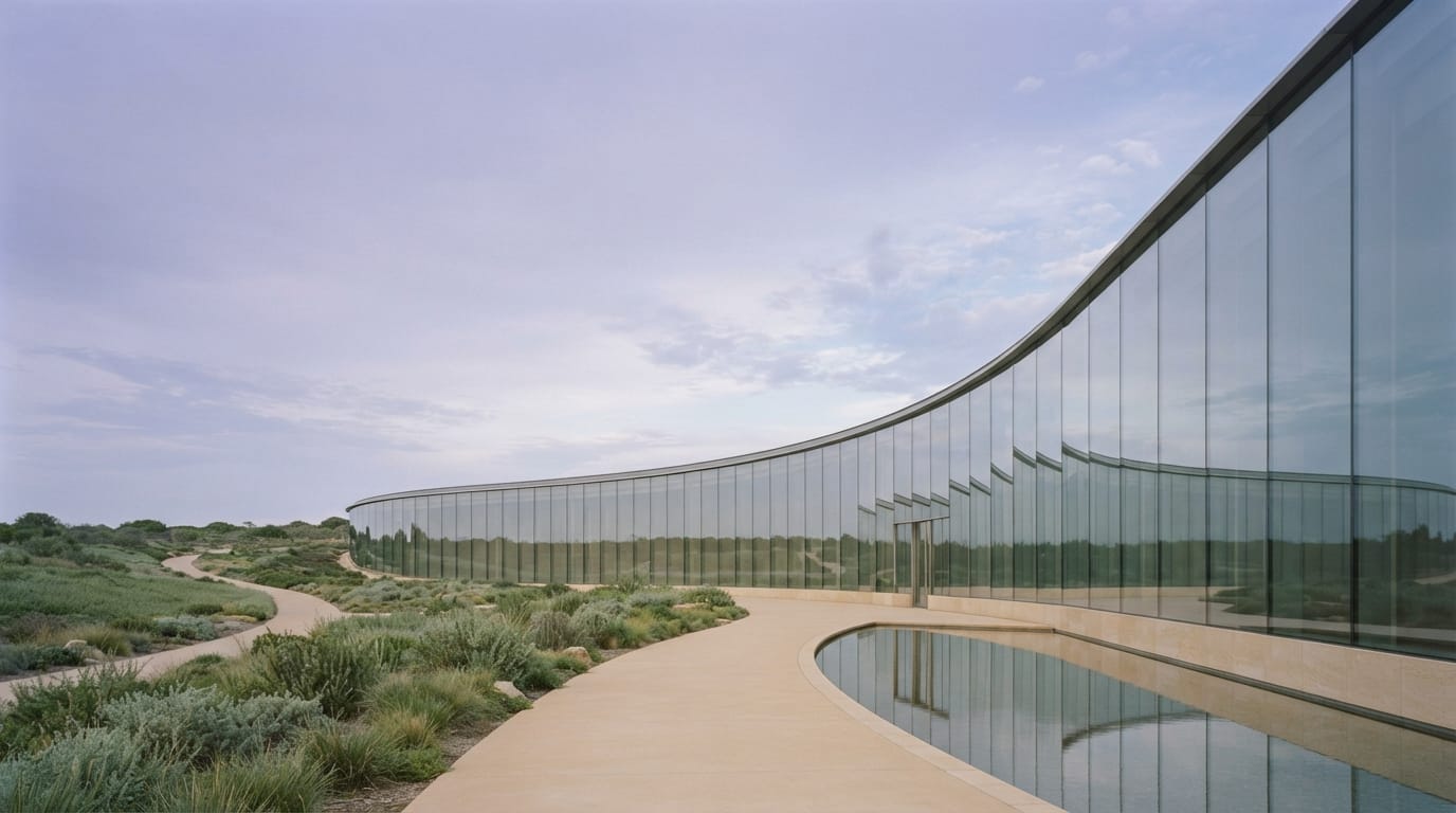 A vast minimalist curved glass building reflecting open sky, empty and flawless, evoking Cupertino’s achievement culture