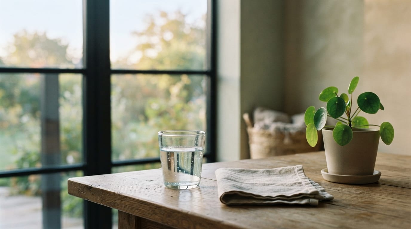 Calm morning light on a simple table with a glass of water, evoking relief and clinical clarity in Cupertino
