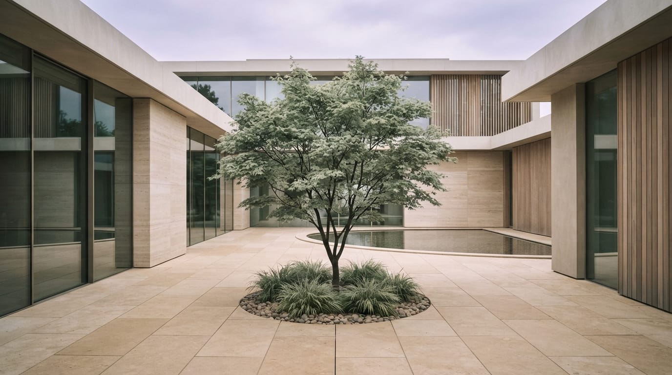 An immaculate empty modern courtyard with a single perfect tree, evoking Cupertino’s flawless, quiet surface