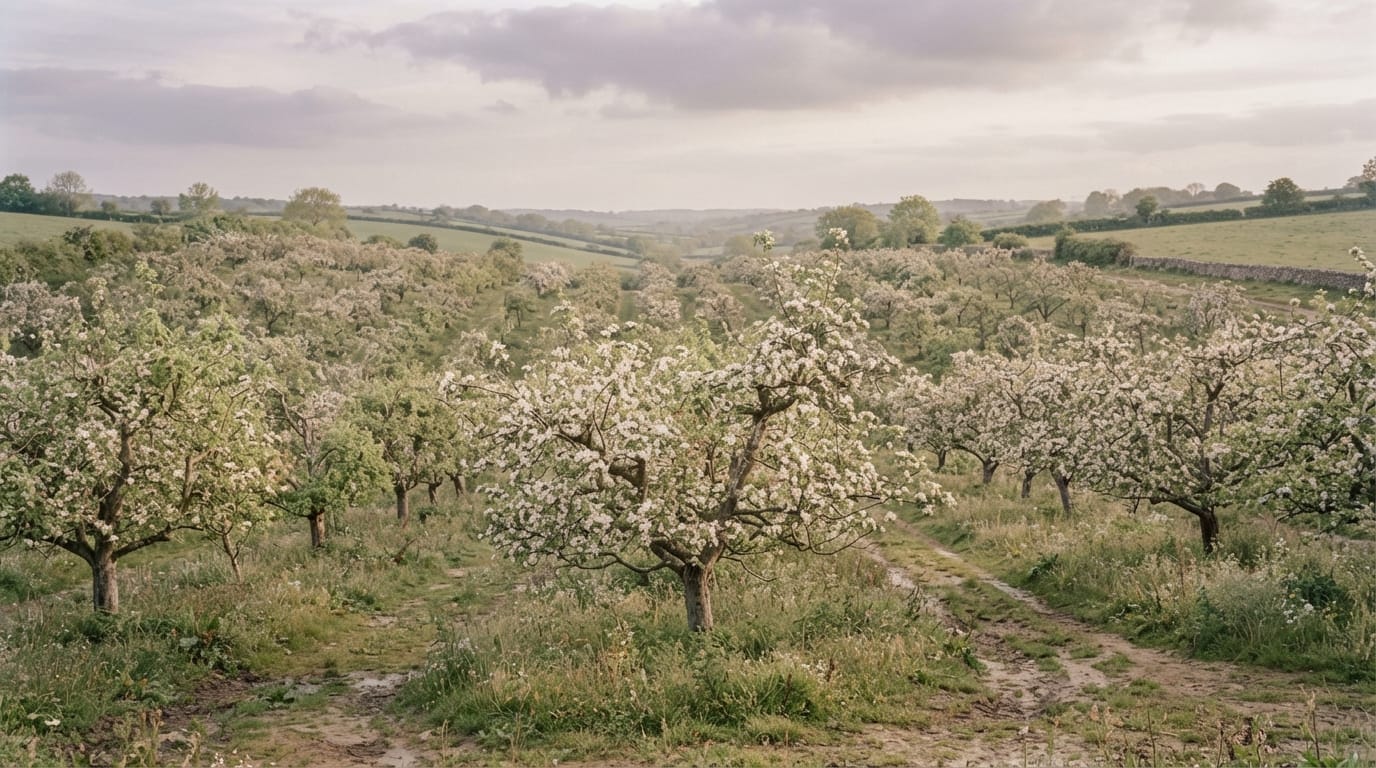 A blossoming fruit orchard in soft spring light, evoking Cupertino before the silicon