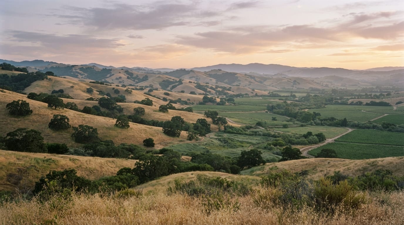 Rolling golden foothills above a green valley at dawn, evoking Cupertino