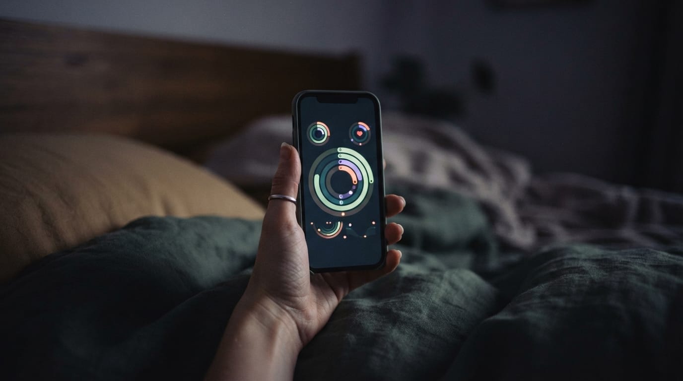 A hand holding a phone glowing with abstract health-dashboard rings in the dark, evoking private self-tracking in Cupertino