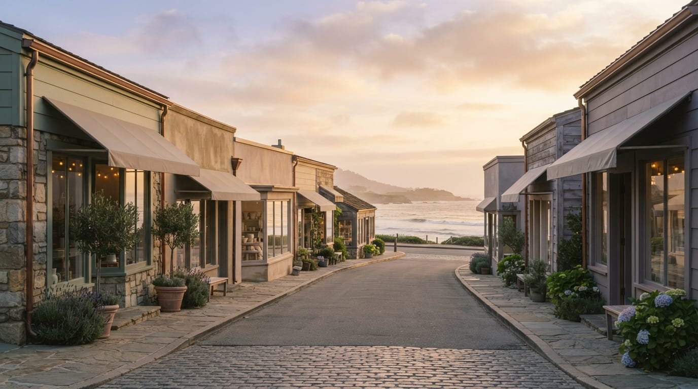 A small-town main street of low storefronts at golden hour, evoking El Segundo’s "Mayberry by the Sea" character