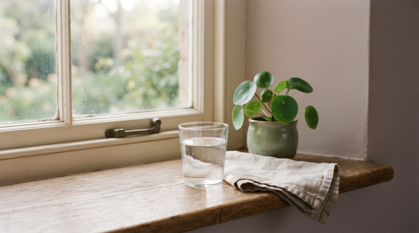 Calm morning light on a simple table with a glass of water, evoking relief and clinical clarity in El Segundo
