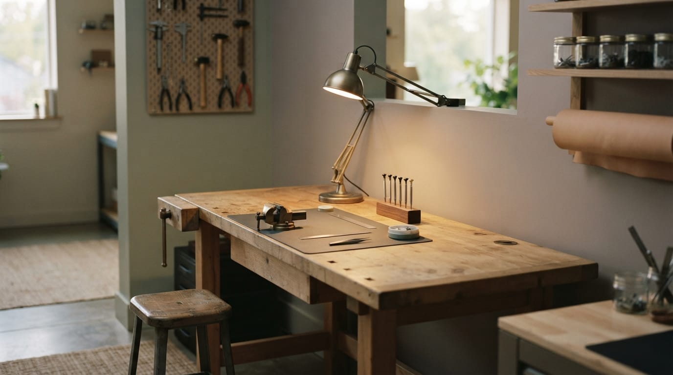 A precise empty engineering workbench under a focused lamp, exacting and quiet, evoking El Segundo