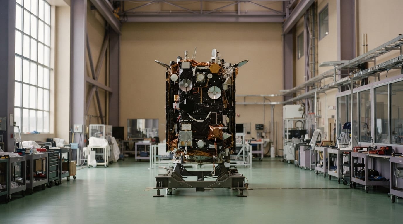 A vintage aerospace clean-room with a satellite silhouette under soft focused light, evoking El Segundo