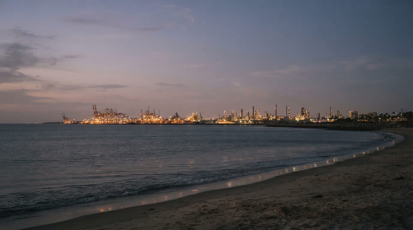 A wide coastal skyline at dusk with distant industrial lights meeting a calm ocean, evoking El Segundo