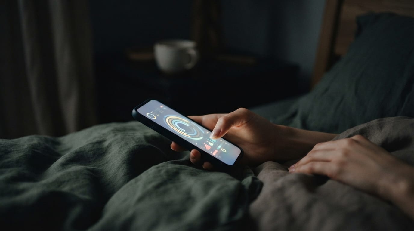 A hand holding a phone glowing with abstract health-dashboard rings in the dark, evoking the biomarker-tracking loop in El Segundo