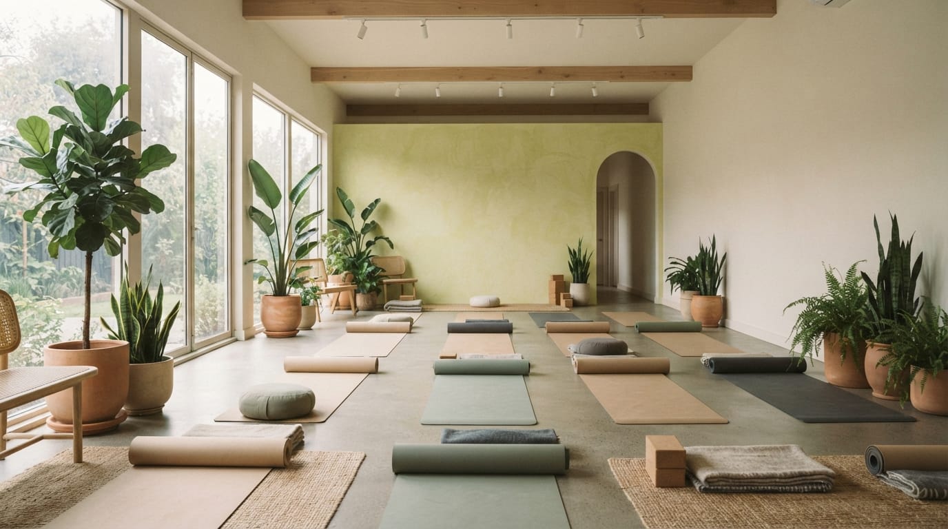 A peaceful empty yoga studio interior with soft light and plants, evoking Encinitas
