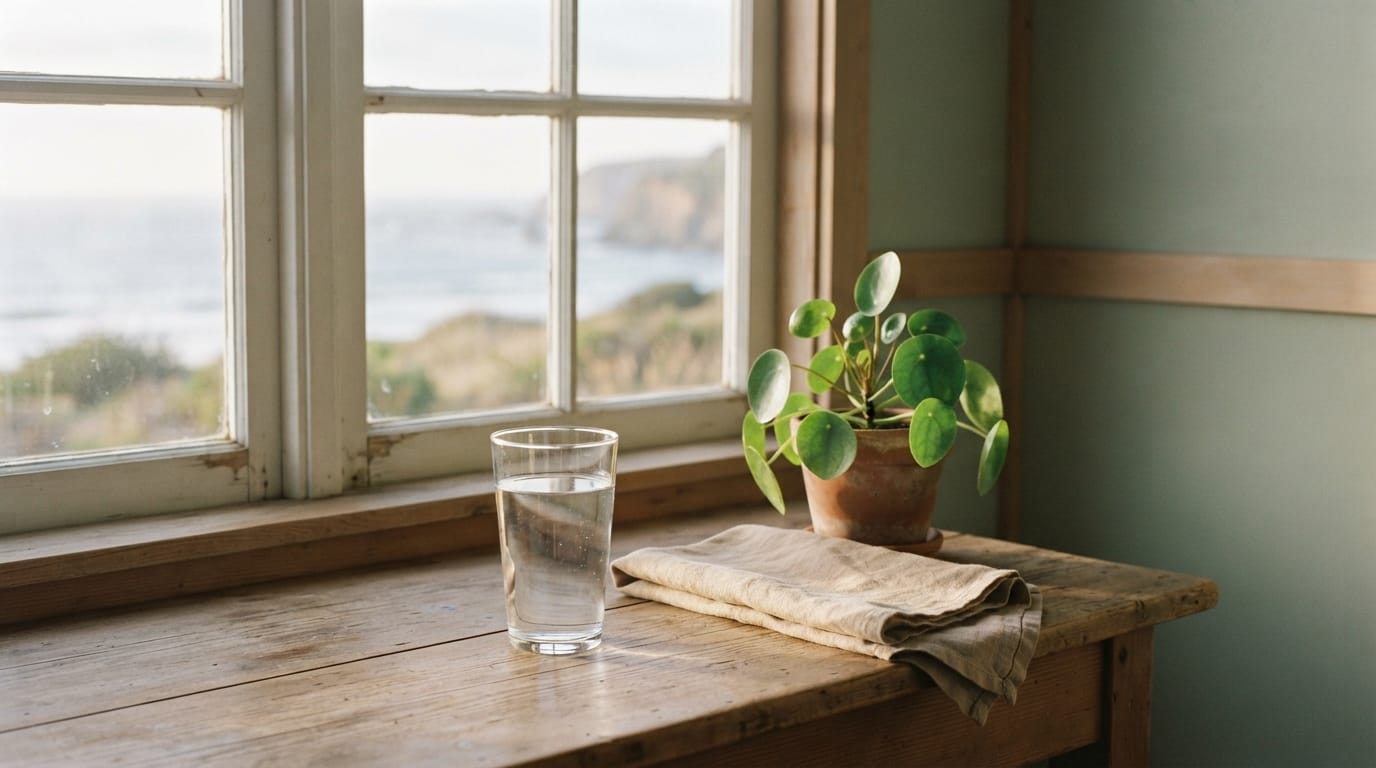 Calm morning light on a simple table with a glass of water, evoking relief and clinical clarity in Encinitas