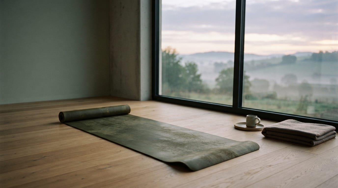 An empty yoga mat by a window at dawn, calm that has not reached the inside, evoking Encinitas