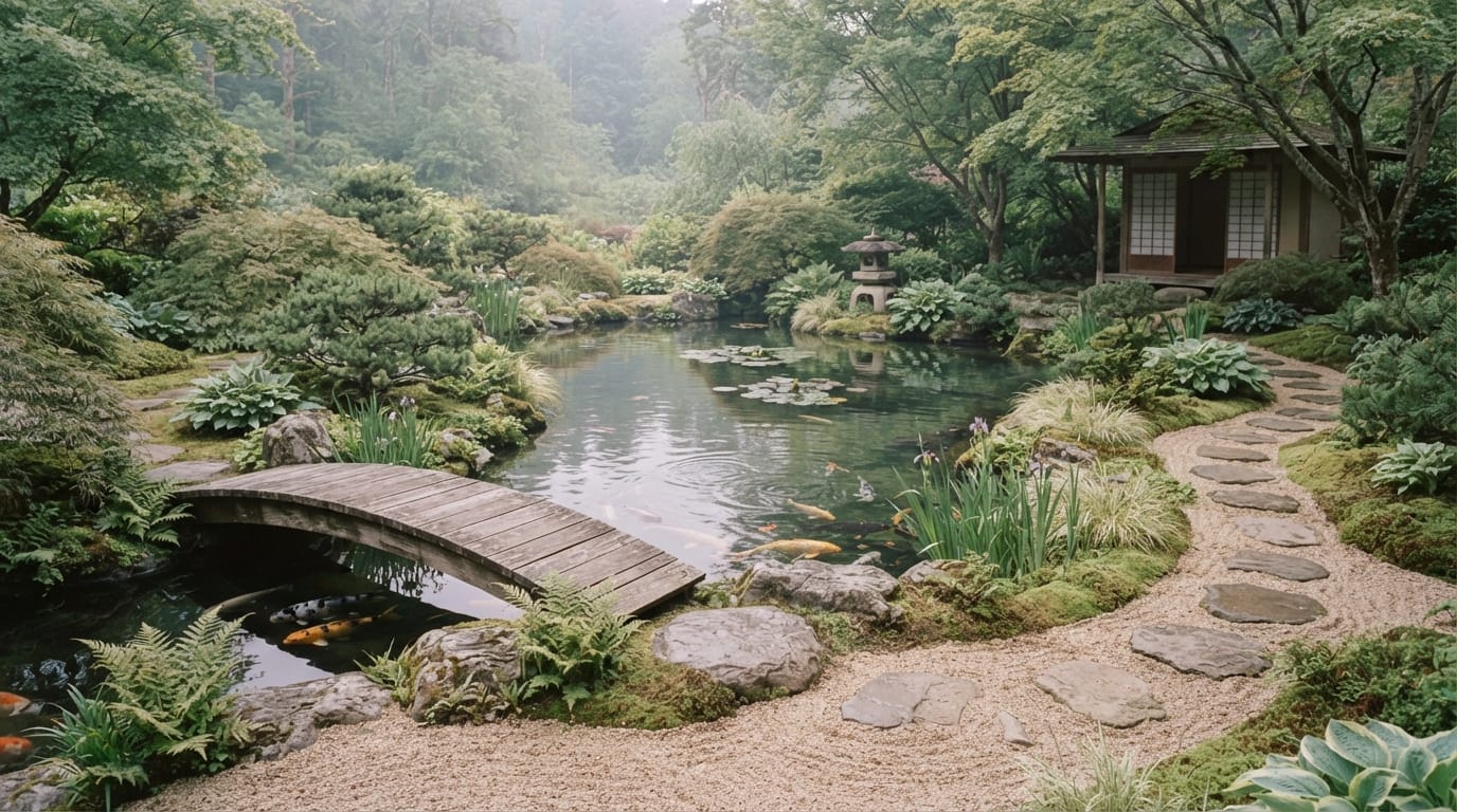 Serene meditation gardens with koi ponds and lush plants in soft light, evoking Encinitas