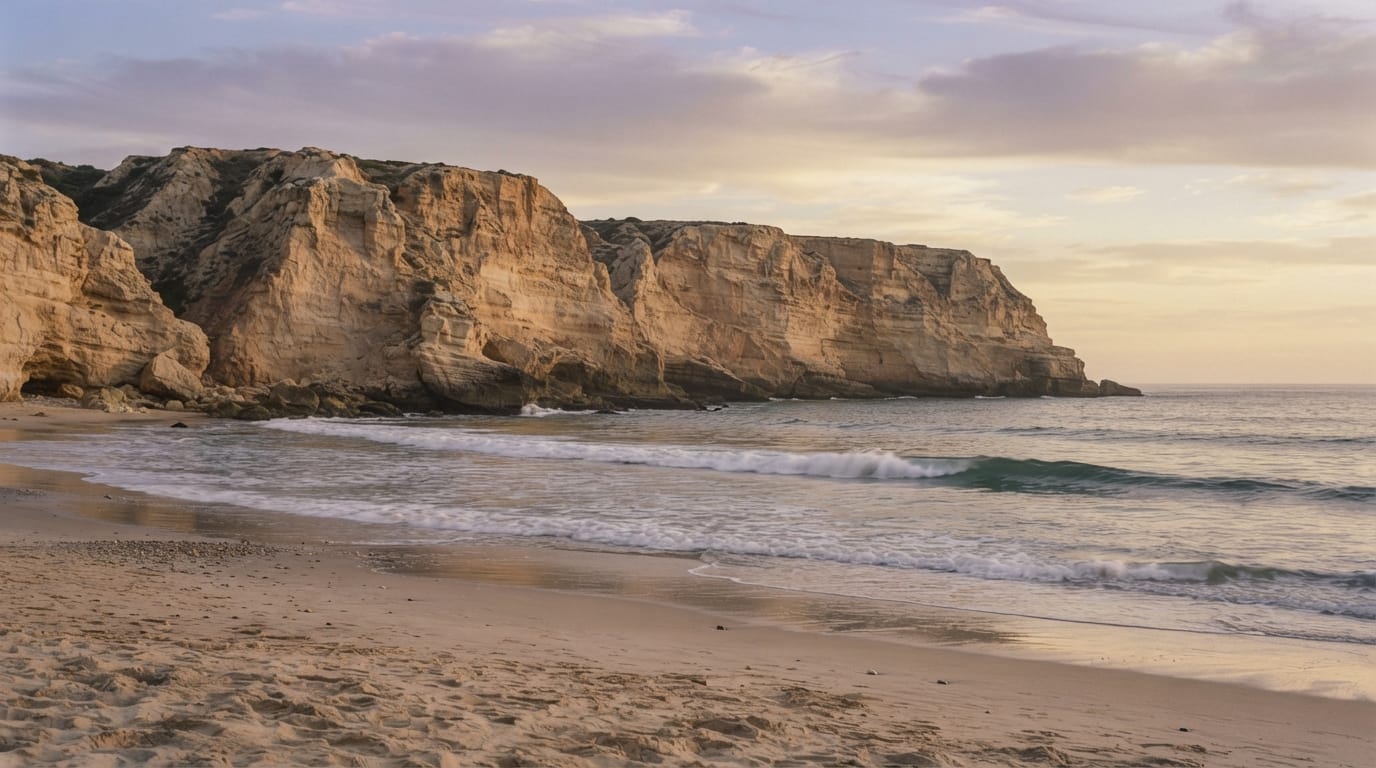 A gentle surf break below sandstone cliffs at golden hour, evoking Encinitas